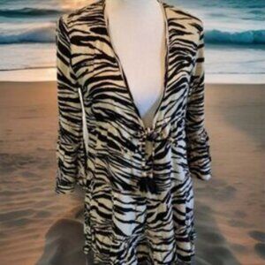 Blue Island Sz L Beige Black Zebra Print Striped Swimsuit Cover-up
